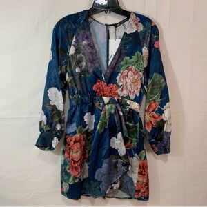 ZARA Blue Multicolor Floral Print Dressy Romper Size M NWT